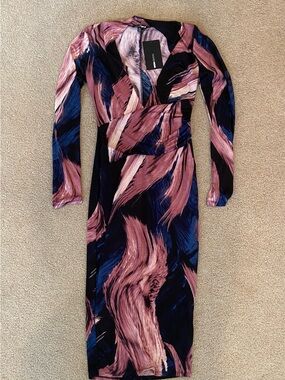 NWT Fashion Nova Mauve Navy Abstract Bodycon Midi Dress V-Neck Long Sleeve M